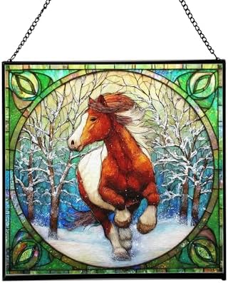 Brown White Icelandic Horse cantering through winter orchard Square Suncatcher–Stained Glass Style Window Panel with Pastoral Scene, Custom Decorative Hanging Art for Equestrian Home, Christmas BfBVSD by Custom