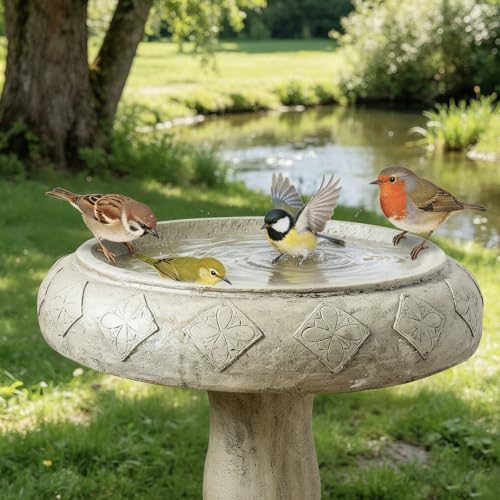 SKYFIRE Pedestal Birdbath for Garden - 23.2"H Fibre Reinforced Concrete Bird Bath, Decorative Outdoor Birdbath with Floral Embossed Basin, Weather Resistant Standing BirdBath for Patio, Lawn, Backyard - Image 2