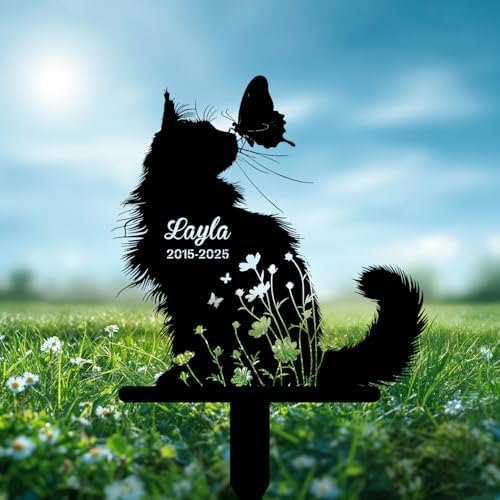 Custom Longhair Cat Memorial Stake, Floral Cat with Butterfly Grave Marker, Personalized Pet Loss Gift Metal Garden Plaque (Floral Cat With Butterfly) - Image 4