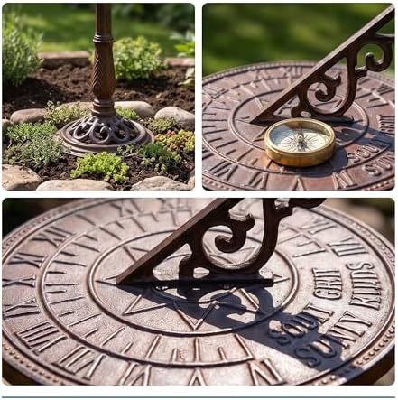 Relaxdays Sundial, Garden & Balcony, Cast Iron, Antique, Roman Numerals, Weatherproof, Garden Decoration, Brown - Image 5