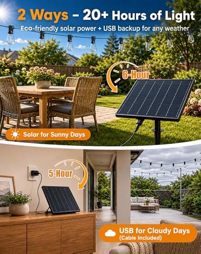 Solar String Lights Outdoor Waterproof, 60FT(54+6) 26 LED S14 Shatterproof Edison Bulbs, 2FT Spacing, 3 Modes, Dimmable, Timer, USB Solar Powered Hanging Patio Lights for Outside, Backyard - Image 4