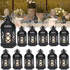 LLQ 12Pcs Mini Lantern with LED Candle, Small Black Lanterns Decorative for Halloween Decorations, Christmas Table Centerpiece, Flickering Candle Holders for Diwali Wedding Medieval Decor, Ornaments by LLQ-LuckLifeQuality