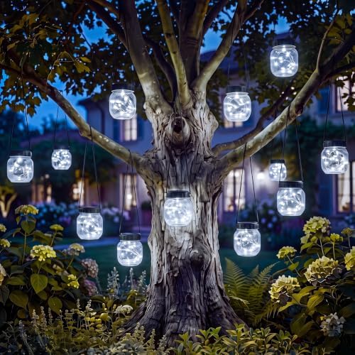 Kolpop Solar Lanterns Outdoor Waterproof 12 Pack, Hanging Solar Lights with 28 LED, Cracked Glass Hanging Globes for Garden Patio Fence Yard Christmas Tree Decoration, Cold White by kolpop