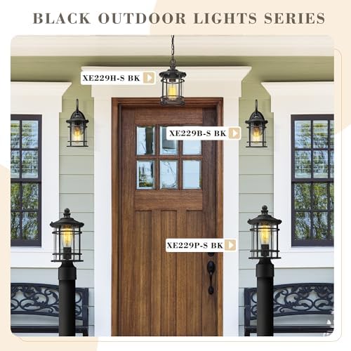 Emliviar Modern Porch Lights 2 Pack - Outdoor Wall Light Fixtures Wall Mount for Garage, Black Finish with Seeded Glass Shade, XE229B-S-2PK BK - Image 2