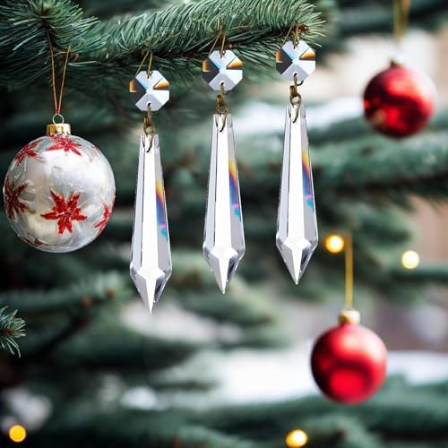 24Pcs 63mm Clear Crystal Chandelier Icicle Prisms with Octagon Beads,Crystals Lighting Lamp Replacement Parts,Christmas Wedding Party Decor (Clear Color with Gold Pin, 63mm (2.5inches)) - Image 6