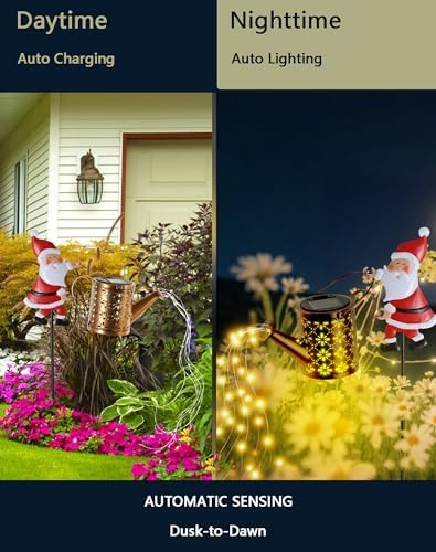 Christmas Solar Kettle Lights Garden Lawn Decorative Lights, Santa Kettle Ground Lamp, Solar Santa Kettle Light, Metal Solar Watering Can, Outdoor Garden Decoration for Pathway Yard Patio (Warm White) - Image 2