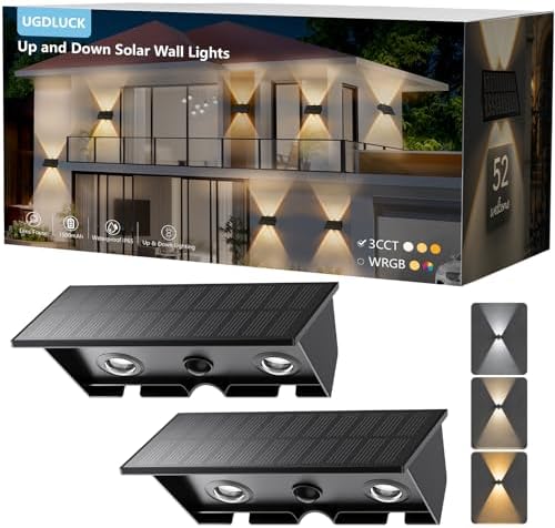 2PACK Solar Sconce Lights Outdoor,Warm White/Cool White/Natural Light 3 Modes Up and Down Solar Wall Lights IP65 Waterproof Solars Lights Outdoor for Exterior Front Porch Garage Fence Patio Yard by UGDLUCK