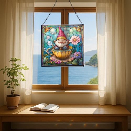 Gnome in a Teacup Stained Glass Suncatcher – Square Hanging Window Panel for Home or Greenhouse – Whimsical Glass Art Gift for Garden Lovers, Christmas, Halloween, Father Days sxN2AW - Image 6