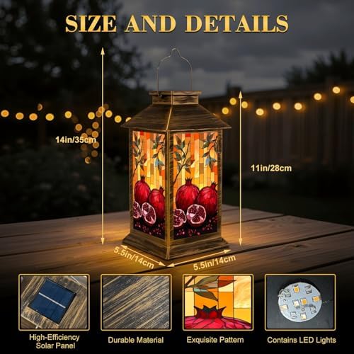 Solar Lantern Outdoor Garden Hanging Lantern Stained Glass Artwork Pomegranates Vibrant Orange Mosaic Waterproof Solar Powered Lighting Outside Table Lamp for Patio Deck Yard Camping - Image 2
