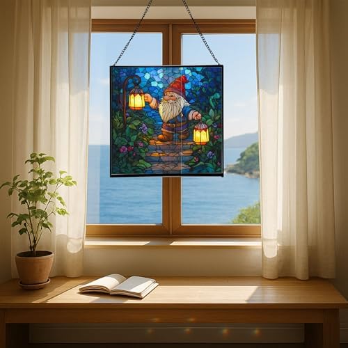 Lantern Path Gnome Stained Glass Suncatcher – Square Hanging Window Panel for Home or Greenhouse – Whimsical Glass Art Gift for Garden Lovers, Christmas, Halloween, Father Days 8DrWKo - Image 6