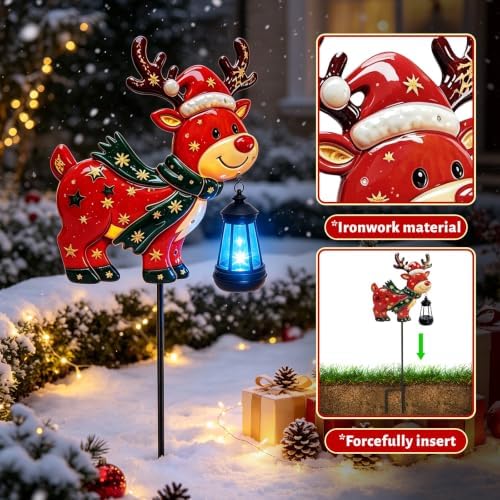 2 Solar Christmas Deer Stake with Lantern, Metal Solar Lights Garden Decor - Image 4