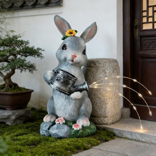 Weather Solar Power Rabbits Statue with Watering Can Parties Decors for Yard and Porch Decorative Lighting Resin Rabbits with Watering Can - Image 4