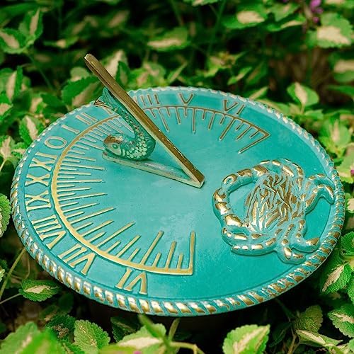 Renovators Supply Manufacturing Sundial Verdigris Finish Brass 10" Dia Vintage Sun Dial Garden Or Lawn Clock Beach Theme Fish Dial and Crab Plaque Patio Outdoor Compass Sundials for Yards - Image 2