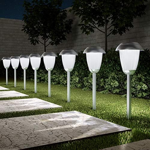 Solar Path Lights, Set of 8-16” Tall Stainless Steel Outdoor Stake Lighting for Garden, Landscape, Yard, Driveway, Walkway by Pure Garden (Gunmetal) - Image 6