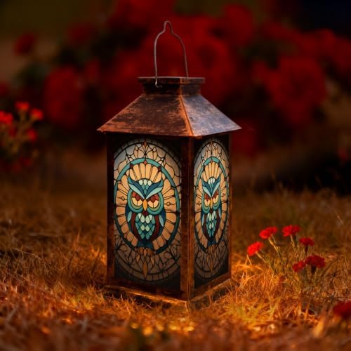 Solar Lantern Stained Glass Owl Wall Art Mid Outdoor Waterproof Garden Hanging Lantern Solar Powered Lighting Outside Solar Light for Patio Yard Camping, Gifts for Women Mom by Unknown