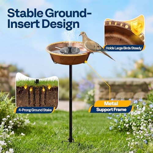 VIVOHOME Bird Bath with Solar Fountain and Metal Ground Stake, Bronze - Image 5