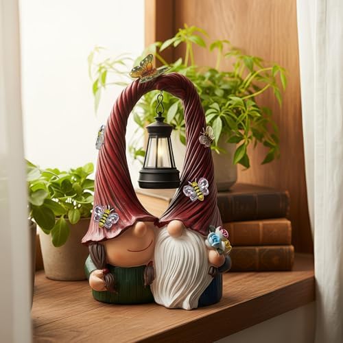 Couple Gnome Figurine with Solar Lantern Gnome Lamp Decor Garden Statue Outside Outdoor Yard Housewarming Gifts for Mom Women Grandma Valentine's Day Anniversary - Image 3