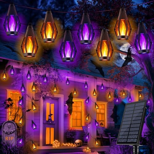 iBaycon 42FT 15 LED Solar Flame Halloween String Lights, Warm White+Purple by iBaycon