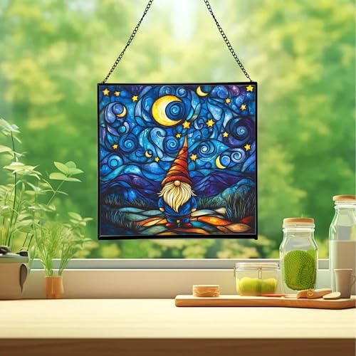 Starry Night Gnome Stained Glass Suncatcher – Square Hanging Window Panel for Home or Greenhouse – Whimsical Glass Art Gift for Garden Lovers, Christmas, Halloween, Father Days YZdsYX - Image 2