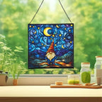 Starry Night Gnome Stained Glass Suncatcher – Square Hanging Window Panel for Home or Greenhouse – Whimsical Glass Art Gift for Garden Lovers, Christmas, Halloween, Father Days YZdsYX - Image 2
