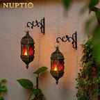 6 Pcs Hanging Hexagon Decorative Moroccan Candle Lantern Holders, Handmade Hanging Tea Light Holder in Bronze Metal & Red & Purple Glass Gift & Decor Items - Image 2