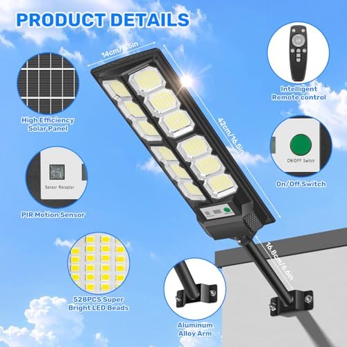 Solar Street Lights Outdoor, 6500K LED Solar Lights Outdoor Motion Sensor, Waterproof Dusk to Dawn Flood Light, Solar Powered Security Light Wide Angle for Yard Parking Lot Driveway (4 Pack) - Image 6