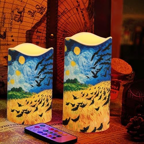 Wheatfield with Crows Flameless Candles with Dancing Flame Effect Waterproof Outdoor Pillar Lights Battery Operated Candle with Remote for Bedroom Bookshelf Fireplace Decor 4 Pack - Image 5