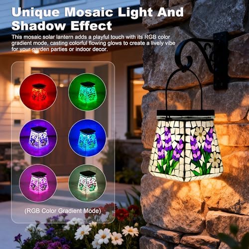SAVENNA Mosaic Solar Lantern,Handcrafted Glass Outdoor Hanging or Table Lantern,600mAh Long Lasting Garden Light for Patio, Yard & Outdoor Decor– Lavender Pattern - Image 4