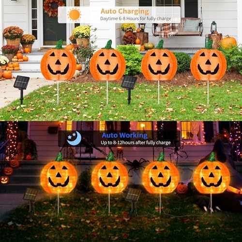 BRIGHTDECK Halloween Solar Pathway Lights Outdoor, LED Decor, Light Up Solar Stake Lights for Holiday, Halloween, Walkway, Sidewalk (Foldable Pumpkin, 4-Pack) - Image 4