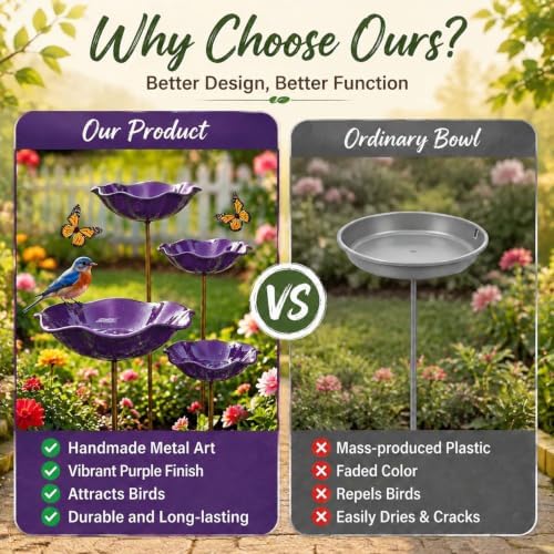 Handmade Metal Flower Bird Bath, Bee & Butterfly Watering Station, Decorative Outdoor Garden Stake with Vibrant Glossy Bowl for Yard Patio Lawn Planter - Image 5
