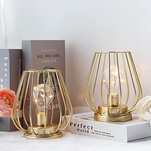 TRIROCKS Set of 4 Metal Battery Operated Lamp 7'' Tall Mini Cage Shape Cordless Table Lamp Battery Lanterns with Warm Fairy Lights Bulb for Patio Garden Wedding Parties Indoor Outdoor(Gold) - Image 2