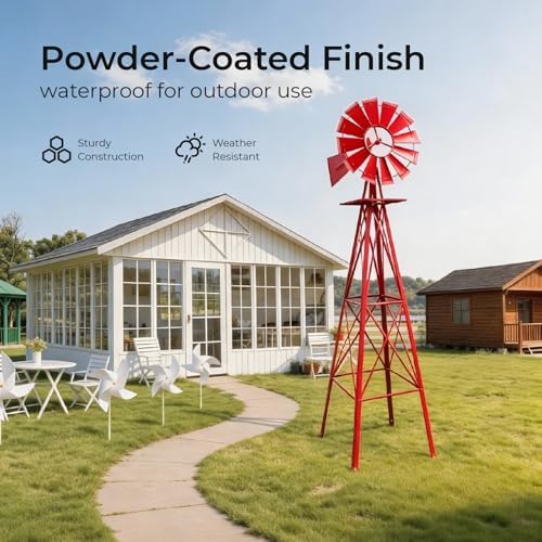 Outvita 8FT Red Metal Ornamental Windmill Weather Vane - Image 3