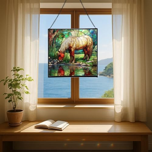 Palomino Rocky Mountain Horse grazing beside shallow stream Square Suncatcher –Stained Glass Style Window Panel with Pastoral Scene, Custom Decorative Hanging Art for Equestrian Home, Christmas cmdrvG - Image 6
