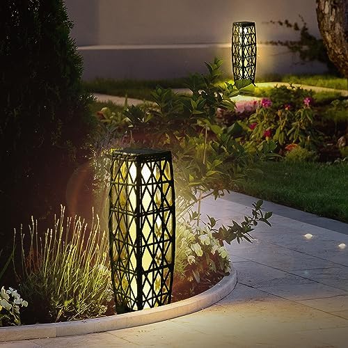 Solar Powered Outdoor Floor, 2 Piece Outdoor Floor Lamps, Solar Lanterns Waterproof, Resin Wicker Weather-Resistant Rattan Deck Light for Patio, Lawn, Porch, Garden by OLYMSOLD