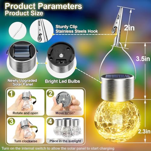 Solar Hanging Lanterns Outdoor: 12 Pack Cracked Glass Ball Lights with Clip - Waterproof Warm White Fairy Globe Lighting Yard Tree Ornaments - Gardening Gifts for Mom Grandma - Image 3