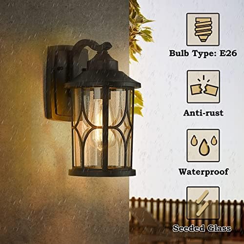 zeyu 2 Pack Outdoor Wall Lights, Exterior Light Fixture for Front Porch House, Die-Cast Aluminum with Seeded Glass, Black Finish, ZX48B-2PK BK - Image 2