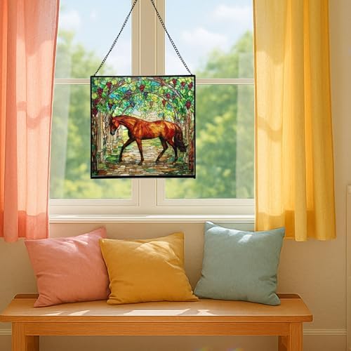 Chestnut Trakehner Horse Walking Beneath Vineyard Canopy Square Suncatcher – Stained Glass Style Window Panel with Pastoral Scene, Custom Decorative Hanging Art for Equestrian Home, Christmas Os0RHH - Image 5
