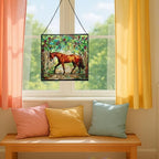 Chestnut Trakehner Horse Walking Beneath Vineyard Canopy Square Suncatcher – Stained Glass Style Window Panel with Pastoral Scene, Custom Decorative Hanging Art for Equestrian Home, Christmas Os0RHH - Image 5