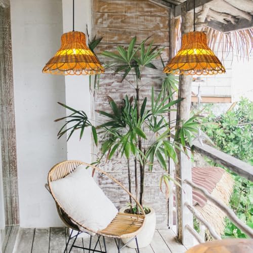 Hand-Woven Boho Rattan Pendant Light Battery Operated Bohemian Woven Outdoor Chandelier with Button Waterproof Lanterns Hanging Lighting Fixture for Gazebo Patio Yard Porch Farmhouse - Image 6