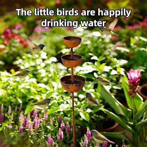3-Tiered Cascading Rain Catcher Garden Stake, Rust Patina Metal Bird Bath with Water Bowls, 26.7 Inch Outdoor Garden Decor & Plant Support for Yard, Flower Beds & Patio - Image 3
