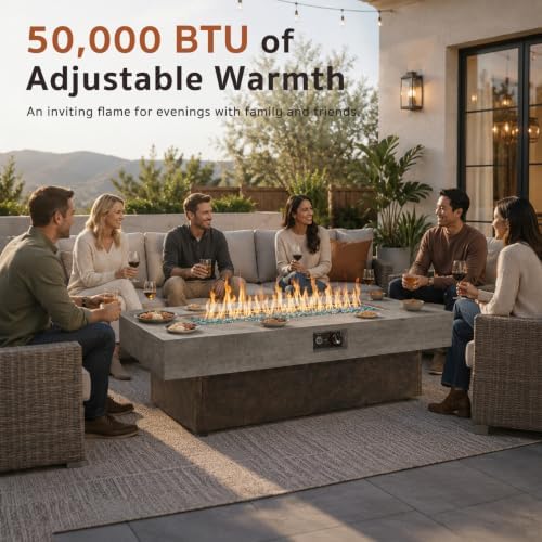 Gaspro 56 Inch Tabletop Propane Fire Pits, 50000 BTU Outdoor Firepit Table with Three Height Adjustable Levels, Stainless Steel Bowl & Burner, Cement-Imitation Texture for Patio Backyard Garden - Image 4
