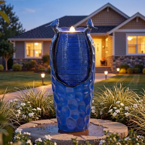 Autodaya 33" Vase Ceramic Outdoor Water Fountain with Lights and Birds - Image 3