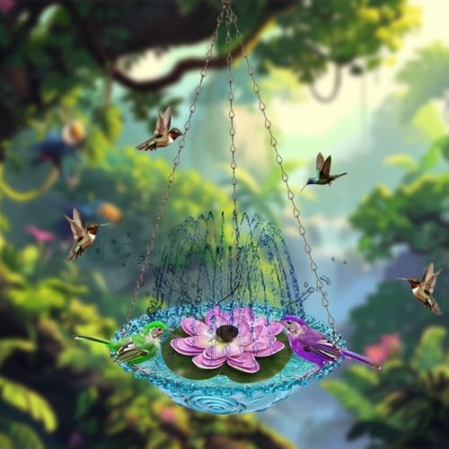 Hanging Bird Bath with Solar Fountain, Multi Functional Lotus Bird Bath Bubbler Birdbath Water Fountain Pump for Hummingbird Feeder Drinking - Image 4