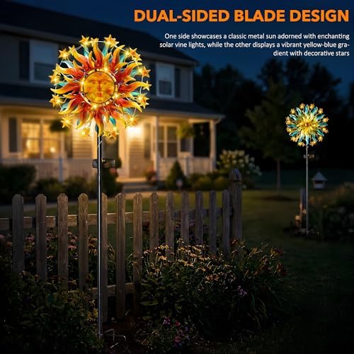 60.3" Solar Wind Spinner Outdoor Metal Sun Kinetic Sculpture – Dual-Sided Garden Spinner with Waterproof LED Vine Lights, Rust-Proof Yard Art Decor for Patio, Lawn & Pathway - Image 6