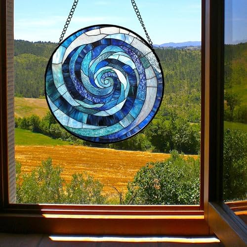 Blue Ocean Wave Stained Glass Window Hanging Suncatcher Gift for Women 9.8" - Image 3