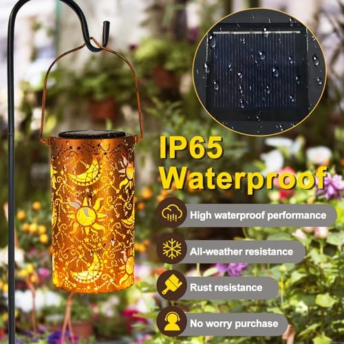DIBIEECN Birthday Gifts for Women Mom Grandma Wife, Solar Lanterns Outdoor Waterproof, Metal Hanging Lights Garden Decor, LED Decorative Lantern for Patio Porch Backyard, Sun and Moon, 1 Pack - Image 5
