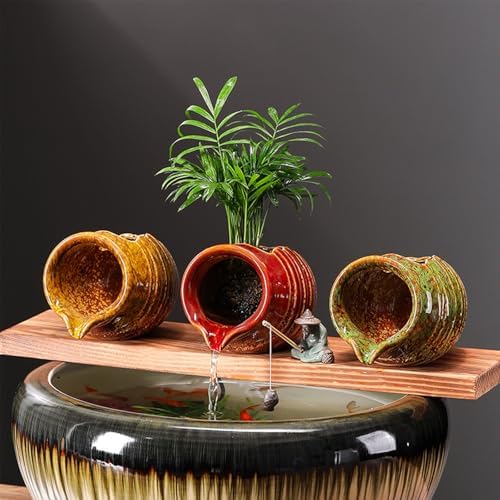 Pond Spitter Ceramic Jug Water Fountain Garden Outdoor Water Feature Planter Plant Flower Pot Jar Fish Tank Cave Waterfall Backyard Water Feature Outside Decoration Hydroponic Vase (Retro Yellow) - Image 2