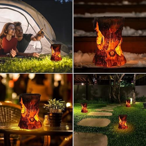 Solar Garden Lights, Flickering Stump Solar Flame Lantern Light Waterproof, Outdoor Stump On Fire Torch Light, Solar Powered Landscape Decoration Lighting for Patio Pathway Deck Yard (Natural) - Image 6