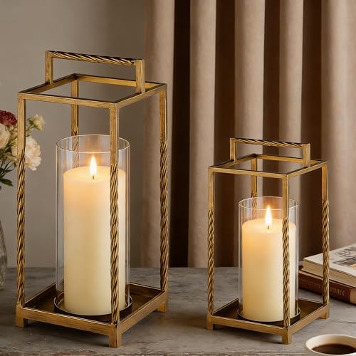 Set 2 Modern Metal Lantern with Twisted Rope-style Frame In Antique Brass with Glass Hurricane For Pillar, String Light. Centerpiece, Mantel, Ambient Lighting, Farmhouse, Transitional, Patio, Entryway - Image 3