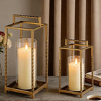 Set 2 Modern Metal Lantern with Twisted Rope-style Frame In Antique Brass with Glass Hurricane For Pillar, String Light. Centerpiece, Mantel, Ambient Lighting, Farmhouse, Transitional, Patio, Entryway - Image 3